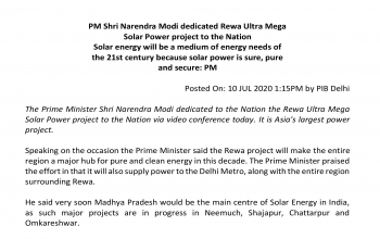 El primer ministro Narendra Modi inauguró el proyecto solar “Rewa Ultra Mega Solar Project”